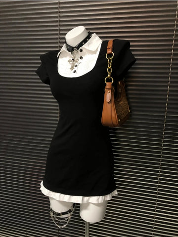 MQTIME  -  Harajuku 90s Aesthetic Sexy Dress Female New Sweet Y2k Slim Gothic Outfits Women Punk Fake Two Piece Vintage Short Sleeve Dress